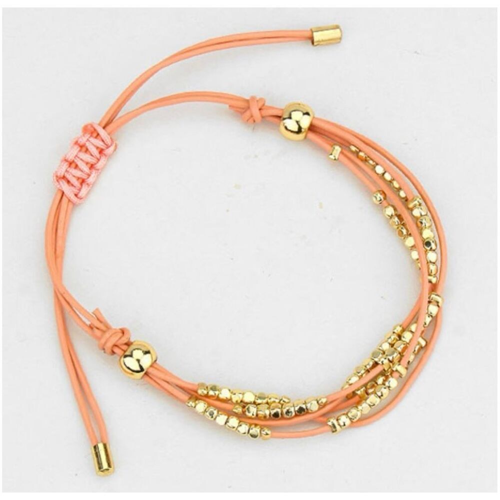 New Womens Boutique Peach & Gold Adjustable Gold Beaded Bracelet